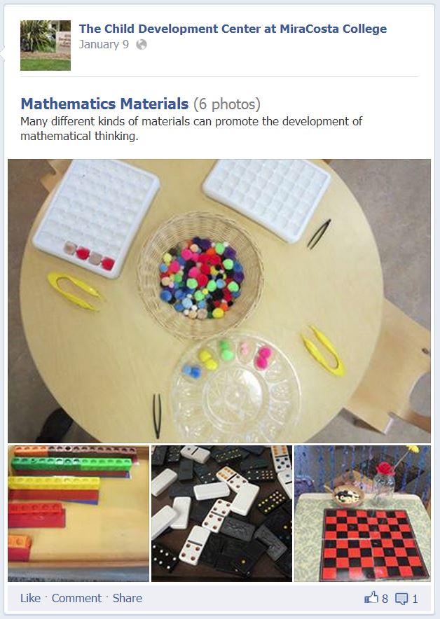STEM activity: Written description: Mathematics materials: Many different kinds of materials can promote the development of mathematical thinking.  Image of basket of small pom-poms, sets of tweezers, and sorting trays. Image of snap together counting cubes varied colors, Image of dominoes. Image of checkerboard.