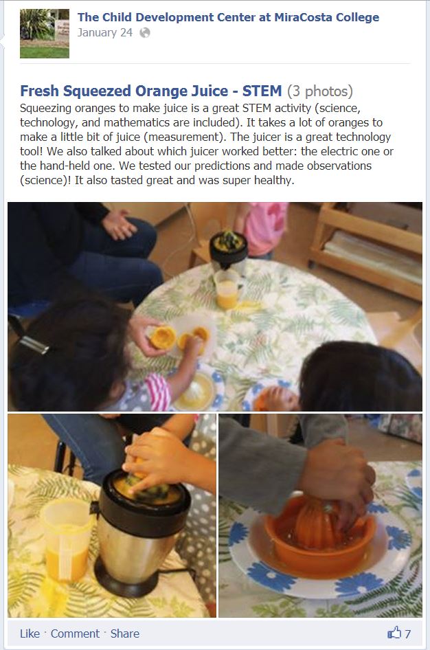STEM activity: Written description of activity with pictures of materials mentioned: Fresh Squeezed Orange Juice- STEM: Squeezing oranges to make juice is a great STEM activity (science, technology, and mathematics are included). It takes a lot of oranges to make a little bit of juice (measurement). The juicer is a great technology tool! We also talked about which juicer worked better: the electric one or the hand-held one. We tested our predictions and made observations (science)! It also tasted great and was super healthy.