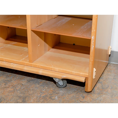 Floor shelving with adjustable shelves and wheels on bottom for easy moving