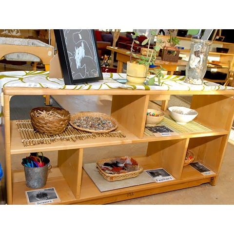 Natural materials displayed in floor shelf