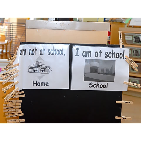 Clothes pins with children’s names clipped to signs stating “I am/am not at school”