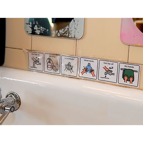 Sample directions and picture icons at sink area for washing hands