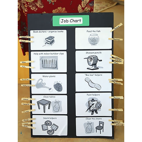Classroom Job Chart with job description and pictures of jobs, children’s names on clothes pins attached to job selection