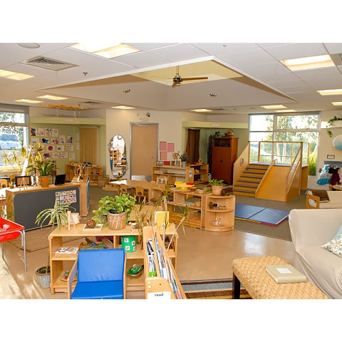 Broad view of reading, math, and large motor play areas