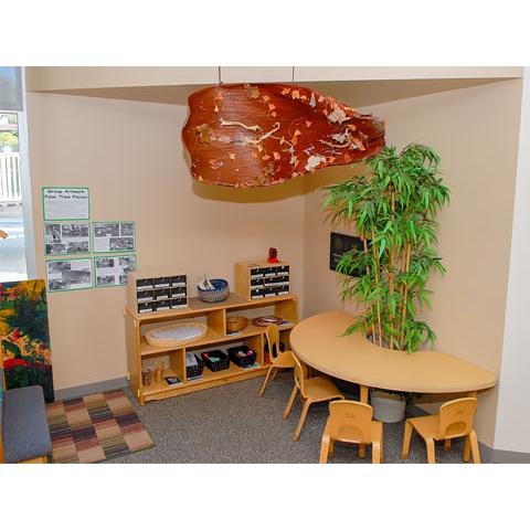 Writing area with paper, stamps, writing utensils